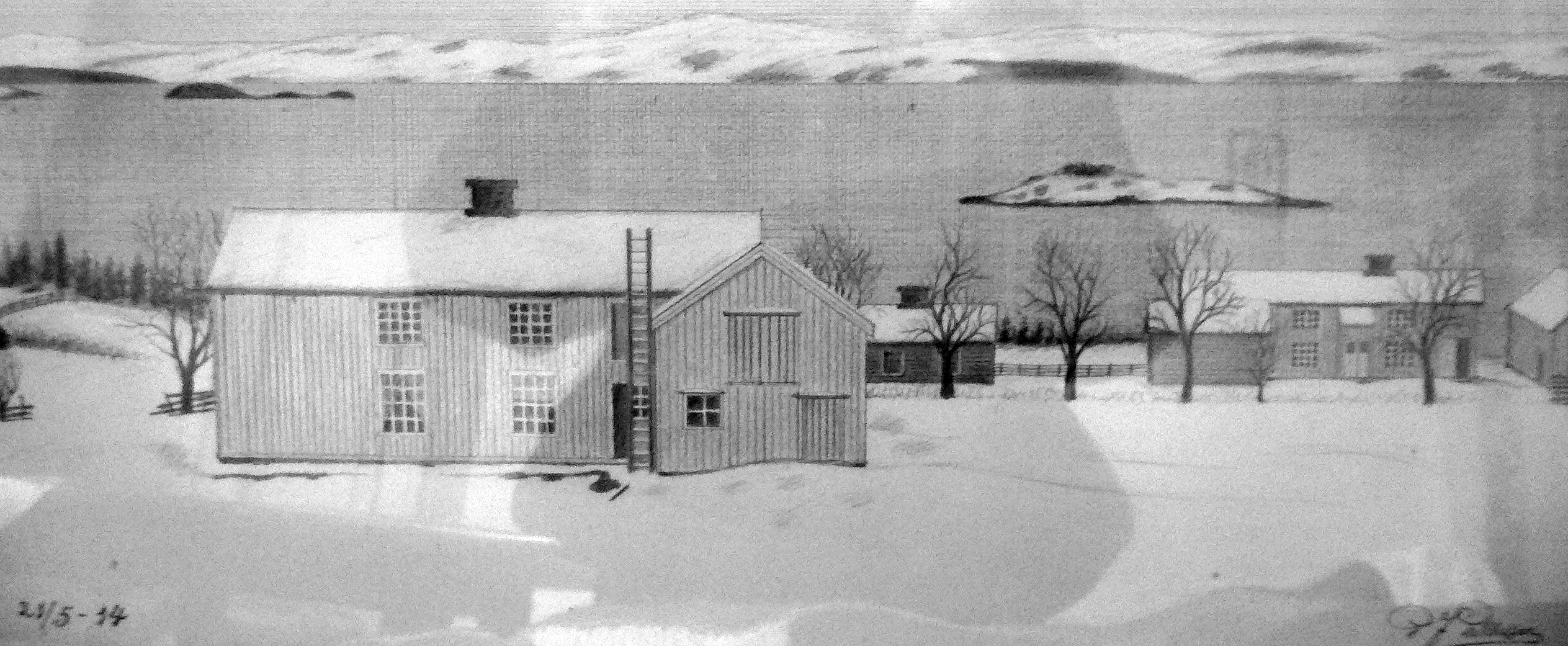 Tegning fra 2014 av husene i Øver-Rønningen, med husene i Ner-Rønningen i bakgrunnen
