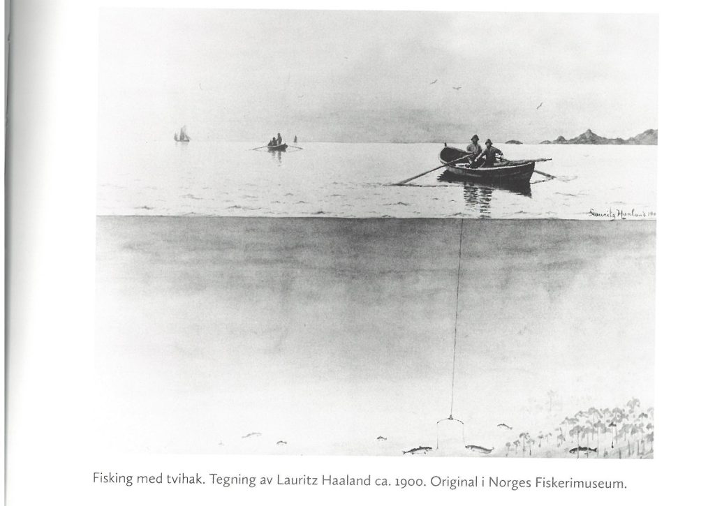 Fisking med tvihak. Tegning av Lauritz Haaland  ca. 1900. Orginal i Norges Fiskerimuseum.